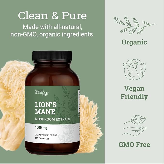 Organic Lions Mane Supplement (1000mg), 2-Month Supply Lion's Mane Mushroom Supplement Extract to Support Focus, Memory (120 Capsules)