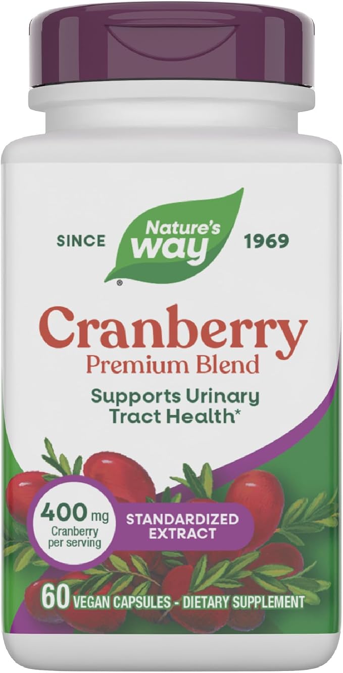 Nature's Way Premium Blend Cranberry, Urinary Tract Health Support*, with 100% Cranberry Concentrate, 400 mg Per Serving, 60 Capsules (Packaging May Vary)