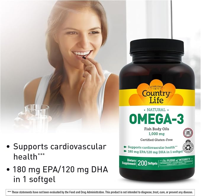 Country Life Omega-3 Fish Oil Supplement, 1000mg, 180mg EPA & 120mg DHA, Fish Oil Concentrate, Burpless, 200 Softgels, Certified Gluten Free