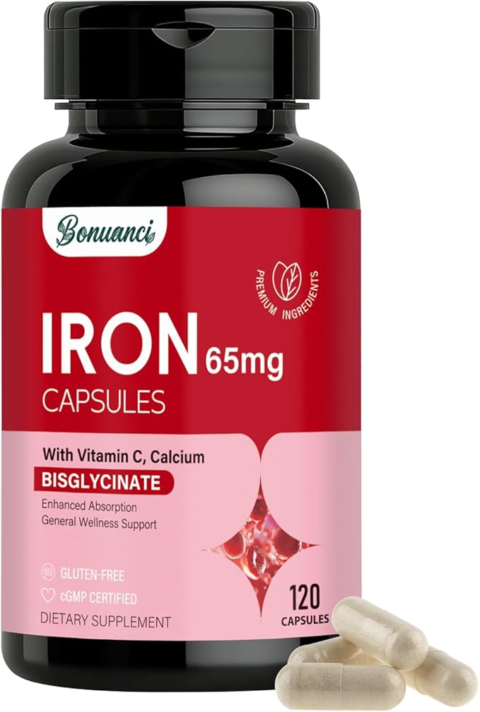 Iron Supplement - Iron 65mg High Absorption Iron Bisglycinate with Vitamin C, Calcium, Gentle Iron Pills for Women Men - Non GMO & Gluten Free, Stomach Friendly, 120 Capsules