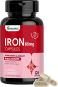Iron Supplement - Iron 65mg High Absorption Iron Bisglycinate with Vitamin C, Calcium, Gentle Iron Pills for Women Men - Non GMO & Gluten Free, Stomach Friendly, 120 Capsules