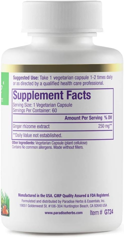 Paradise Herbs Premium Ginger Extract for Digestive Health, Super Potent, Ultra Pure, Vegan, Non-GMO, Gluten Free, 60 Vegetarian Capsules