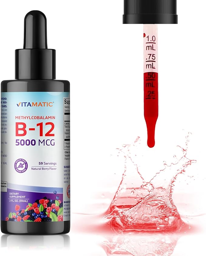 Vitamatic 2 Packs Fast Acting Liquid Vitamin B12 5000 mcg (Methylcobalamin) - Natural Berry Flavor - Sublingual Supplement - Faster Absorption - 2 OZ