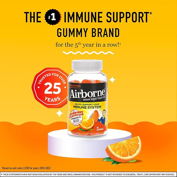 Airborne 750mg Vitamin C Immune Support Supplement Gummies for Adults, Zesty Orange Flavor, Gluten Free Crafted Blend with Powerful Antioxidants Vitamins C & E, 42 Gummies (3 Pack)