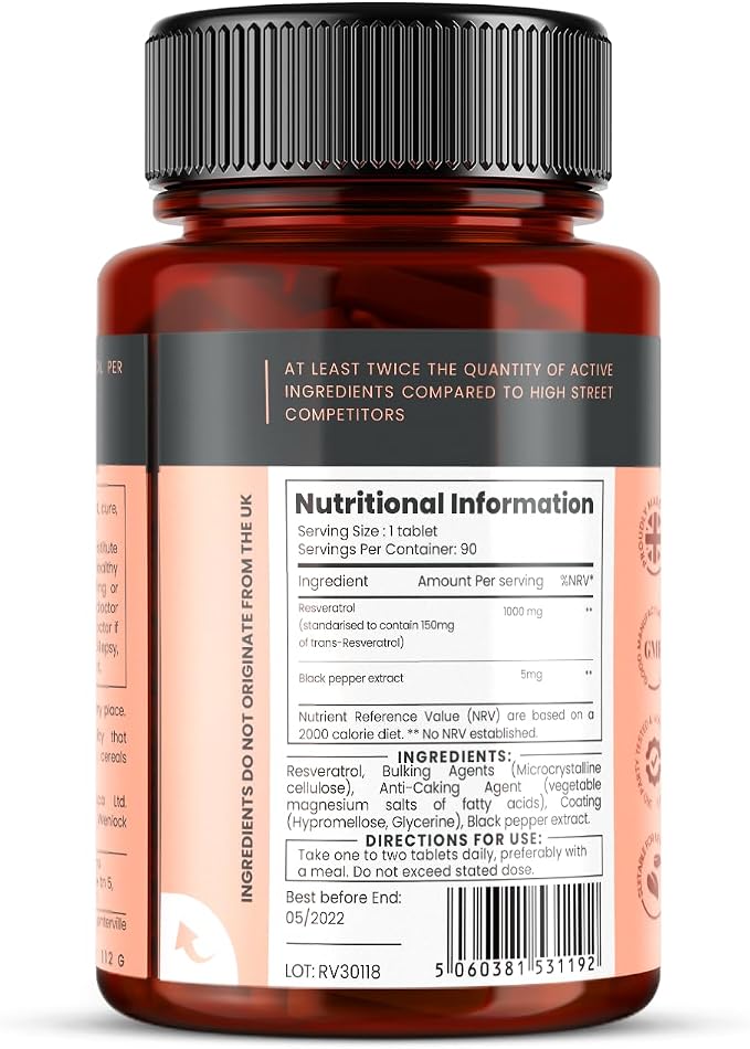 pureclinica 1000mg Resveratrol x 90 Tablets (3 Months Supply). 10 x Strength with Black Pepper Extract for Faster Absorption