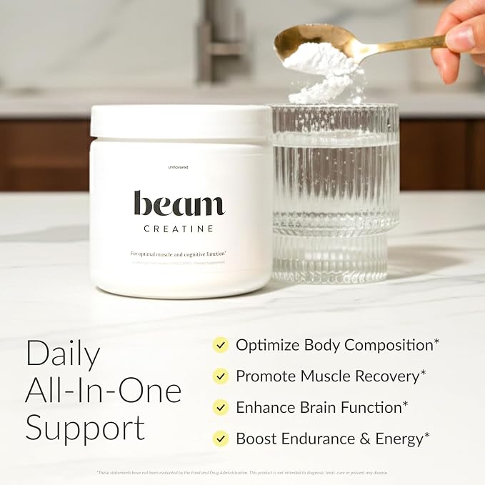 BEAM Creatine Monohydrate Powder – 5g Micronized Creatine Monohydrate, Third Party Tested Creatine for Women & Men, Muscle Strength, Growth, Recovery & Cognitive Support, Unflavored, 30 Servings