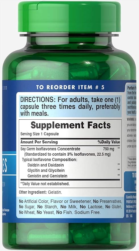 Puritan's Pride Non-GMO Soy Isoflavones 750mg, Dietary Supplement with Active Daidzein, Genistein, and Glycitein Supports Menopause and Hot Flashes, 120 Rapid Release Capsules (Pack of 2)