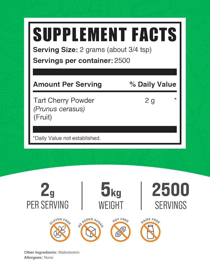 BulkSupplements.com Tart Cherry Powder - Fruit Powder, Tart Cherry Supplements - Antioxidant Source, Gluten Free & No Added Sugar, 2g per Serving, 5kg (11 lbs) (Pack of 5)