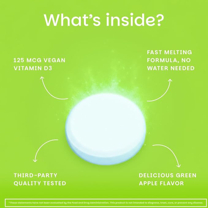 EZ Melts Dissolvable Vitamin D3 5,000 IU - Vegan Vitamin D Supplement for Bone & Teeth Support - No Artificial Flavors - Plant-Based & Non-GMO - Green Apple - 180 Dissolvable Tablets (180 Servings)