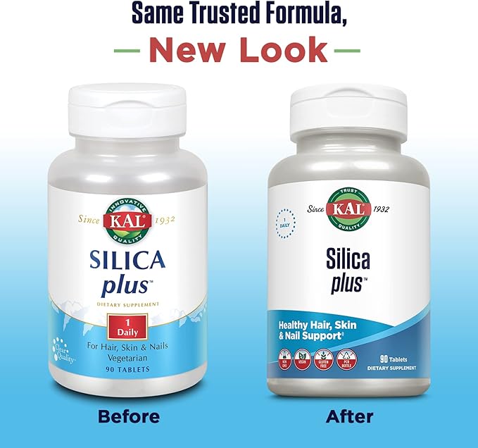 KAL Silica Plus, Silica Gel with Horsetail Extract, Healthy Hair, Skin & Nails Support, Maximum Absorption, Vibrant Hair, Glowing Skin Supplement, Vegan, Gluten Free, 90 Serv, 90 Quick Dissolve Tabs