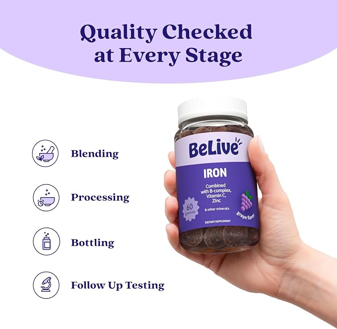 BeLive Iron Gummies - Multivitamin Iron Supplement with Vitamin C, A, B & Zinc, Supports Blood Oxygen, Vegan Supplements for Women, Men & Kids for Growth and Development - Grape Flavor | 3-Pack