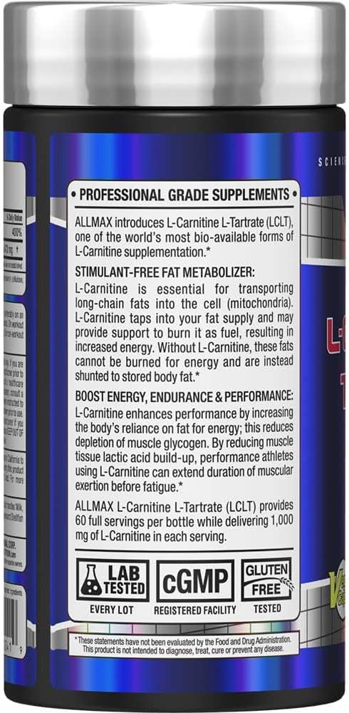 ALLMAX Essentials L-CARNITINE Tartrate - 120 Capsules - Stimulant-Free Metabolizer - Boosts Energy, Performance & Recovery - Gluten Free & Vegetarian - 60 Servings
