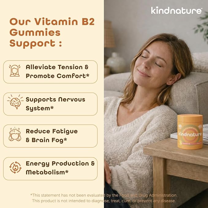 kindnature Vitamin B2 Gummies - Riboflavin 400mg Supplement for Kids & Adults - Non-GMO, Soy & Gluten-Free, Vegan Chewable Gummies (30 Day Supply)