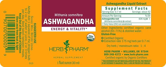 Herb Pharm Ashwagandha Liquid Extract: Organic, Calming Ayurvedic Adaptogen, Stress Support Supplement | Fast-Absorbing & Sugar-Free Ashwagandha Tincture | Up to 3 Week Supply, 1 oz*