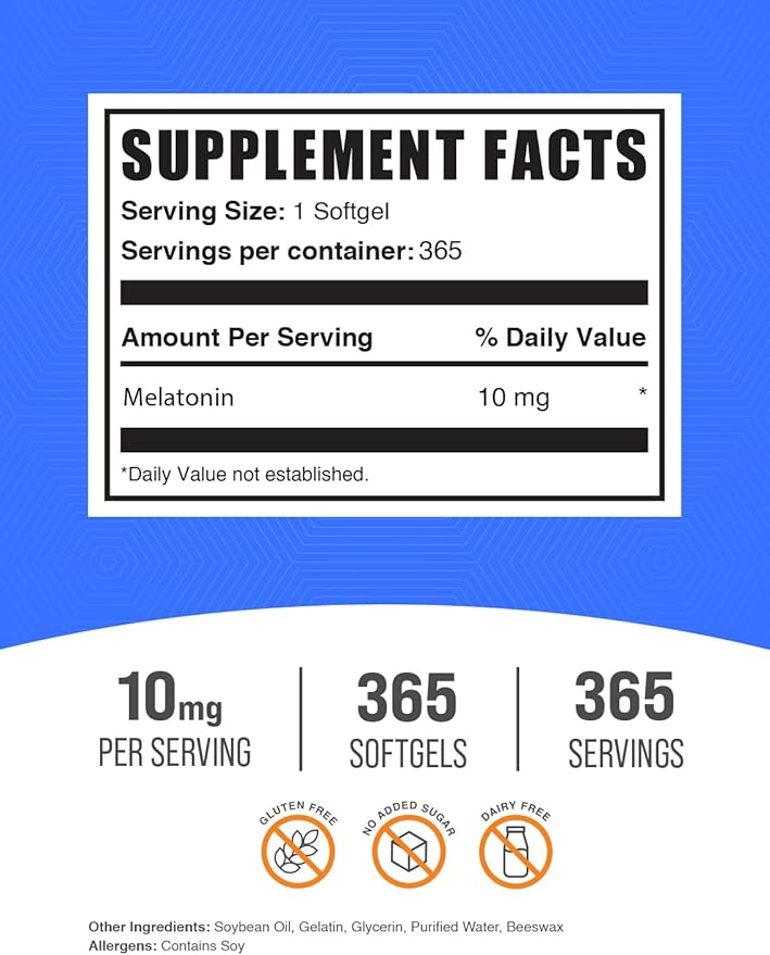 BulkSupplements.com Melatonin 10 mg Softgels for Adults – Sleep Supplement, 10 mg per Serving, Gluten Free, 1 Softgel per Serving, 365 Count (Pack of 1)