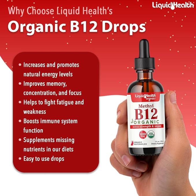 LIQUIDHEALTH USDA Organic Methyl Vitamin B12 Methylcobalamin Liquid Drops with Tart Cherry Juice - Boost Energy, Immune Support, Improve Memory & Concentration - USA Made, Vegan, Non-GMO (2 oz)