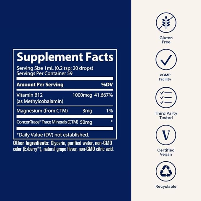 Trace Minerals Ionic B12 - Liquid Multivitamin for Hormone Balance & Healthy Nerve Function - Supports Metabolic Health - Enzyme Production - Natural Wellness Formula - 2 fl oz (59 Servings)