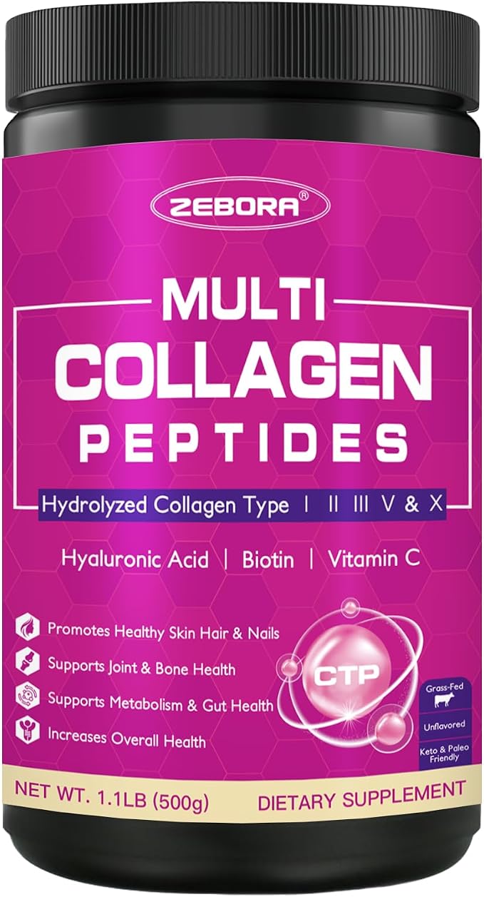 ZEBORA Collagen Peptides Powder 50 Servings - Hydrolyzed Multi Collagen Type I II III V X with Hyaluronic Acid, Biotin, Vitamin C - Support Skin Hair Nail Joints Unflavored, Keto & Paleo Friendly