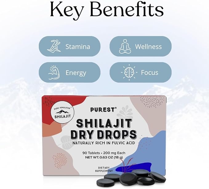 Pure Himalayan Shilajit Dry Drops (90 Tablets, 200mg Each) Maximum Potency Pure Shilajit for Men with 85+ Trace Minerals & Fulvic Acid for Metabolism, Energy & Immune Support