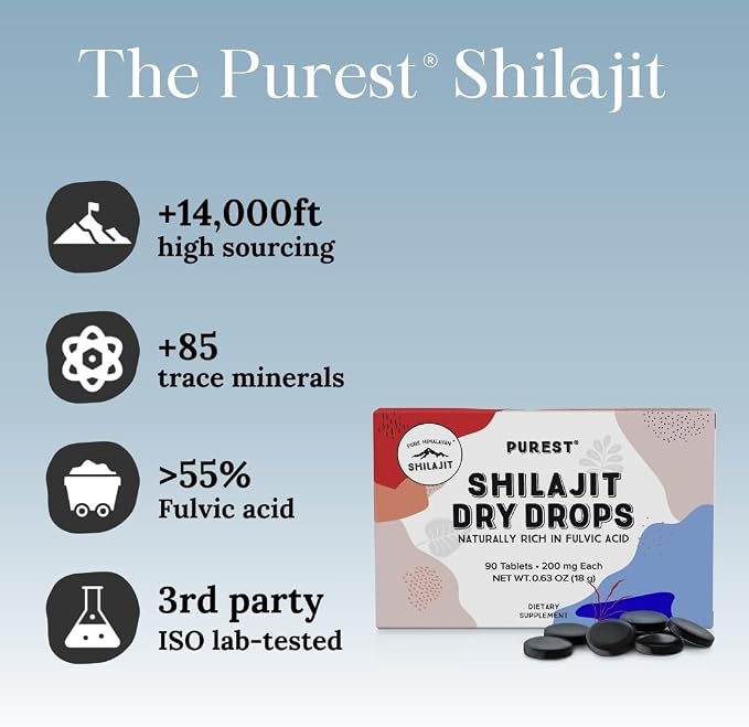 Pure Himalayan Shilajit Dry Drops (90 Tablets, 200mg Each) Maximum Potency Pure Shilajit for Men with 85+ Trace Minerals & Fulvic Acid for Metabolism, Energy & Immune Support