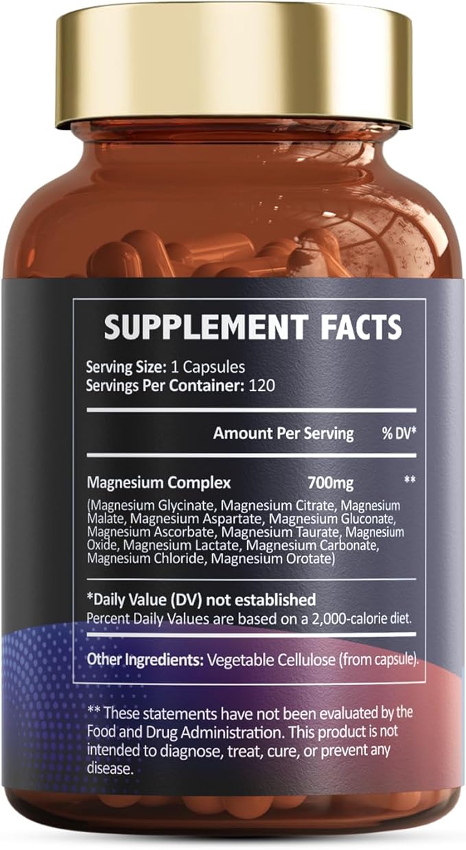 Magnesium Complex 700mg 12 in 1 Magnesium Supplement with Glycinate Citrate Malate Oxide Taurate Aspartate Orotate Magnesium Relaxation,Muscle,Heart Support, Vegan 120 Capsules 2PK