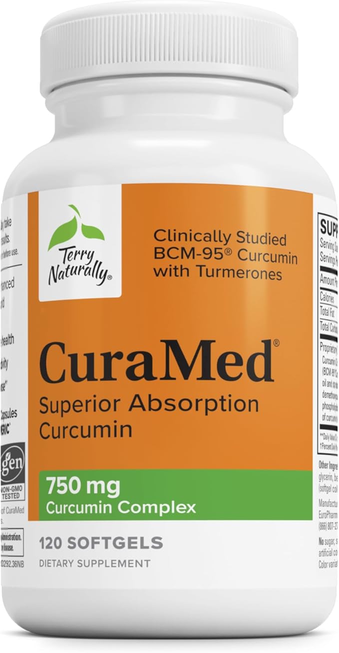 Terry Naturally CuraMed 750 mg - Antioxidant Supplement for Brain & Heart Health Support - Supplement with High-Potency Curcumin Complex - Kidney, Liver & Immune Health Support - 120 Softgels (1 Pack)