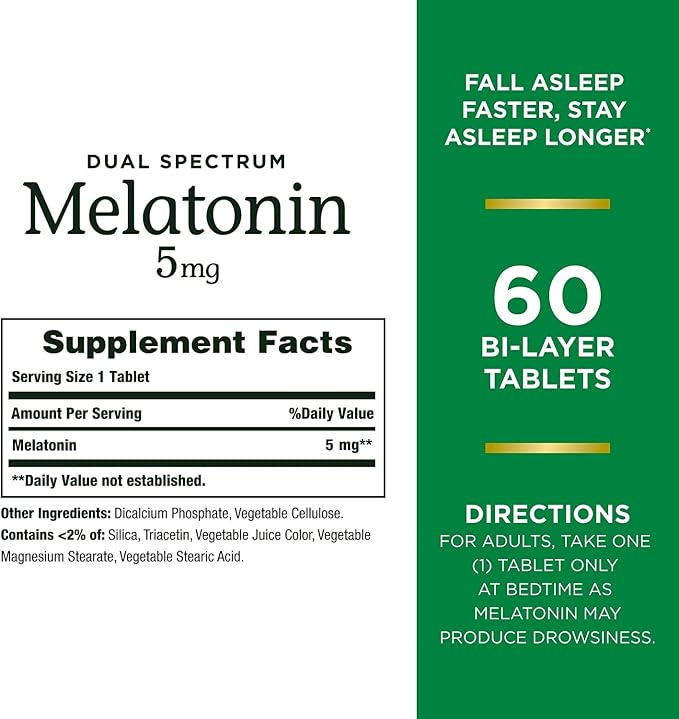 Nature's Bounty Melatonin 5mg Dual Spectrum, 100% Drug Free Sleep Supplement, Quick Release and Extended Release, Promotes Relaxation and Sleep Health, 60 Bi-Layer Tablets (Pack of 2)