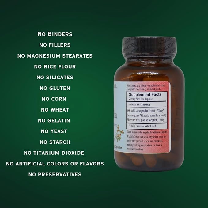 Barlowe's Herbal Elixirs KSM-66 Ashwagandha | Ashwagandha Root Extract | 5% Withanolides | 700mg per Capsule | 60 Veggie Capsules | Stearate Free | Glass Bottle