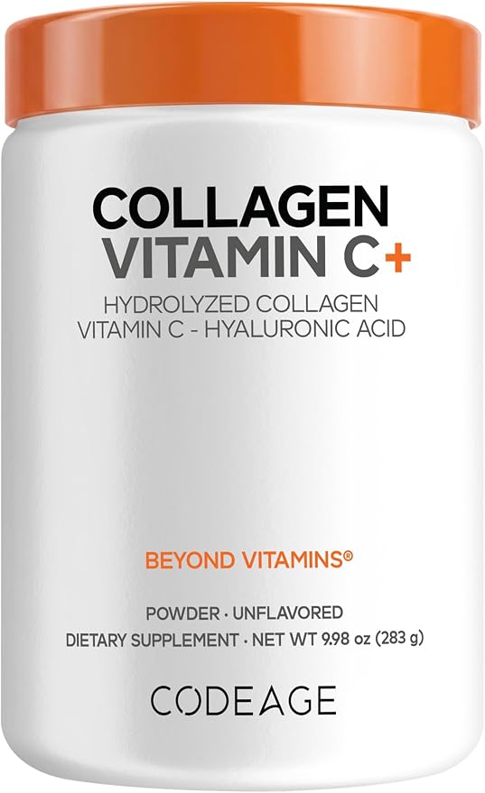 Codeage Collagen Peptides Powder, Vitamin C, Hyaluronic Acid, 10 oz | Hydrolyzed grass-fed collagen 20g, vitamin C, hyaluronic acid, digestive enzymes, 18 amino acids. Unflavored. Non-GMO.