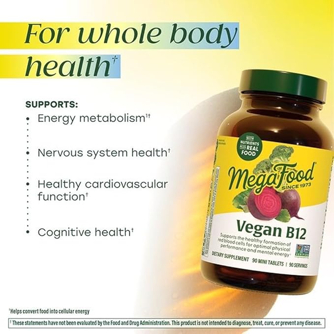 MegaFood Vegan Vitamin B12 with Vitamin B6, B12 and Folic Acid Supplements for Women and Men Supports Cellular Energy Metabolism, Nervous System Health & Cardiovascular Function - 30 Mini Tablets