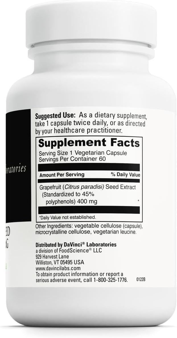DAVINCI Labs Grapefruit Seed Extract 400 mg - Supports GI & Digestive Gut Health - Gluten Free, Vegetarian - 60 Capsules (30-Day Supply)