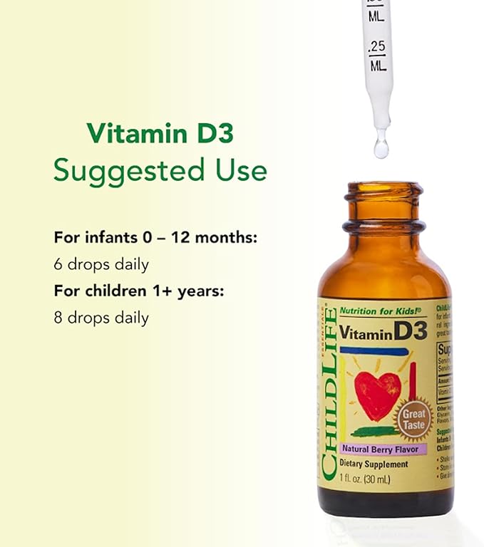 CHILDLIFE ESSENTIALS Vitamin D3 Drops for Kids, Children, & Toddlers - Liquid Vitamin D Drops, 500 IU per Drop, Immune & Bone Health Support, Natural Berry - 1 Fl Oz (Pack of 3)