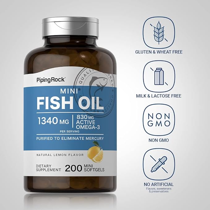 Piping Rock Mini Fish Oil 1340mg | 200 Softgels | Omega-3 Supplement for Men & Women | Lemon Flavor | Non-GMO and Gluten Free