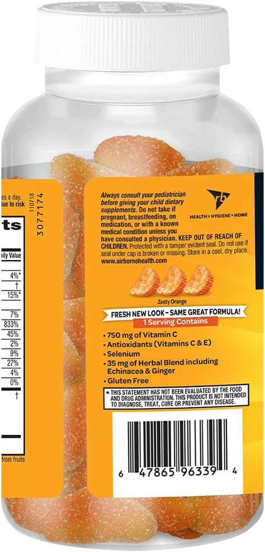 Airborne Immune Support Gummies, Zesty Orange Flavor, 63 ct - 750 mg Vitamin C + Vitamins A, D & E + Zinc, Selenium, and Manganese | with Herbal Blend | Naturally Flavored (4 Pack)