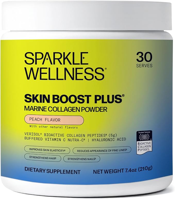 Sparkle Wellness Marine-derived VERISOL Bioactive Hydrolyzed Collagen Peptides | Collagen Powder Supplement with Vitamin C & Hyaluronic Acid | Marine Skin Boost Plus (Peach) [30-Serves]