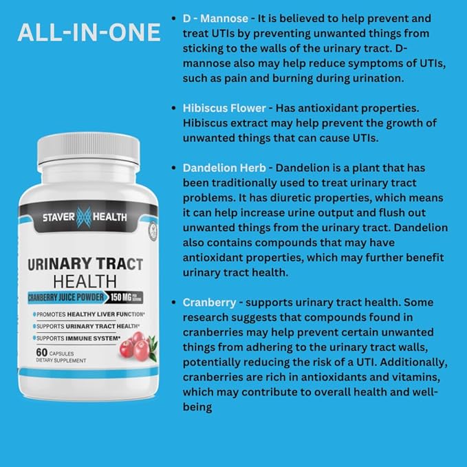 Urinary Tract Health, Cranberry Pills for Women, D Mannose 1000mg Capsules - Dandelion Herb Supplement - Helps Women Health, 60 CT
