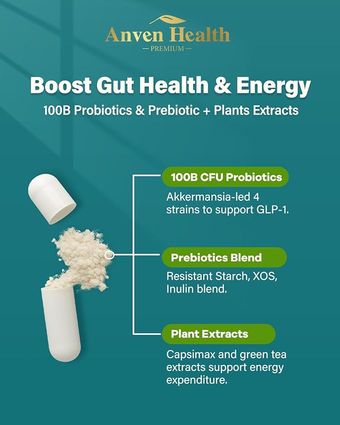 GLP-1 Supplement 100 Billion Akkermansia Probiotic & Prebiotic for Gut Health & Digestion, Metabolism & Energy Support with Vitamin B2 & D, Green Tea and Chromium - Non-GMO | 180 Capsules