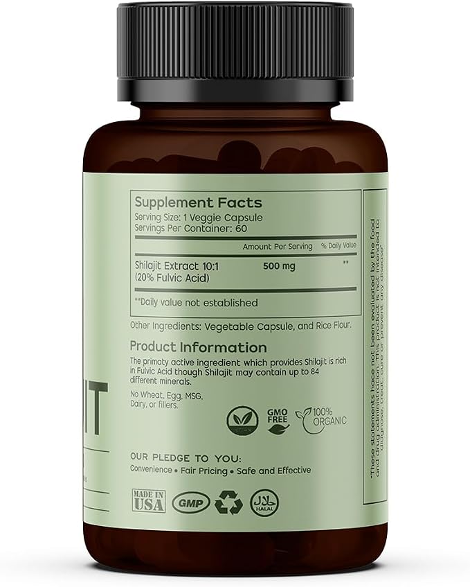 GREEN'S BEST Pure Himalayan Shilajit Capsules – Organic Fulvic Acid Supplement for Energy & Immune Support – Boosts Stamina & Brain Health – Vegan, No Additives