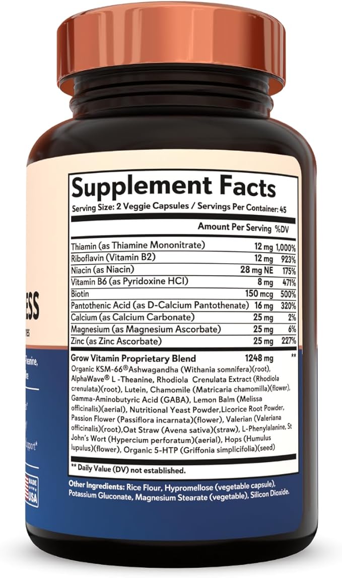Grow Vitamin Adrenal Stress Advanced Formula, Organic KSM-66 Ashwagandha with AlphaWave L-Theanine, 5-HTP, Magnesium Blend - Everyday Stress Relief, Mood Support, Cognitive, Brain Health, 90 Capsules