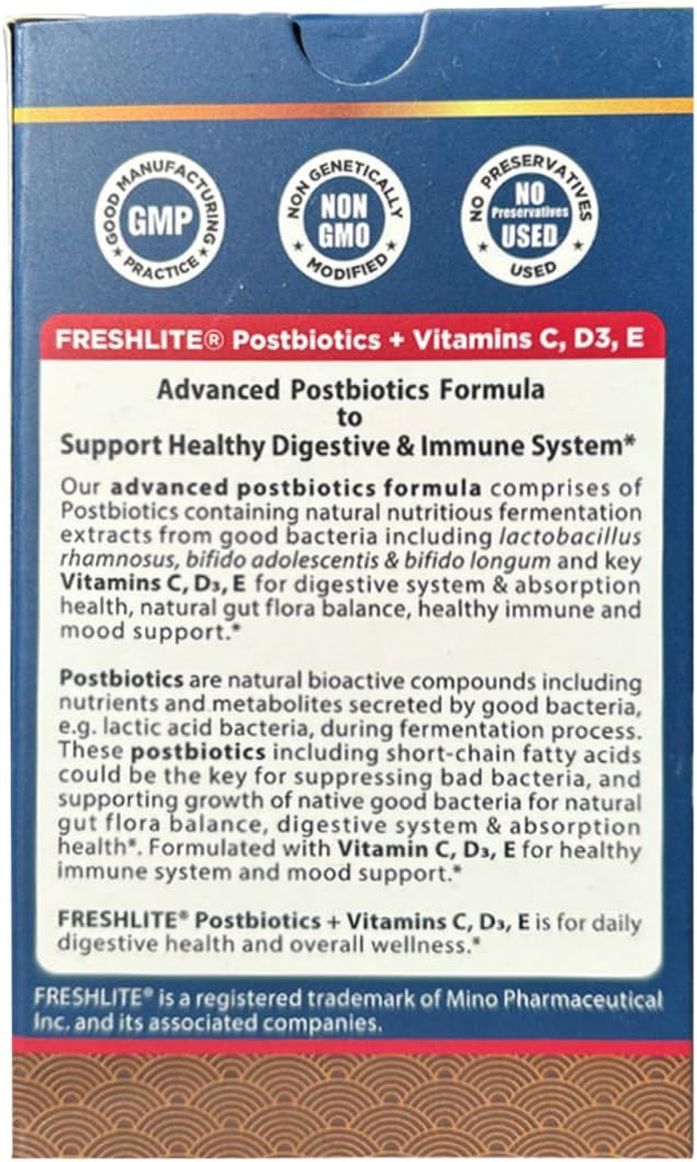 FRESHLITE Premium Vegan Postbiotics for Gut Health | IBS. Diarrhea. Bloating | Advanced Postbiotics Formula Beyond Pre & Probiotics | Vitamin C, D3 & E | Non-GMO, Gluten-Free, 60 Capsules Japan Made