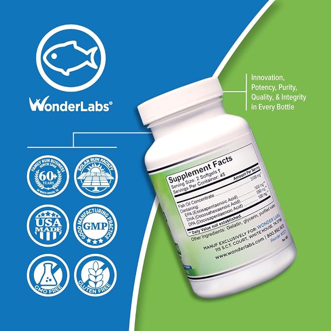 Wonder Laboratories EZ Omega-3 Atlantic Menhaden Fish Oil Supplement 2000 mg, Burpless, Made in The USA, Perfect Balance of EPA+ DHA + DPA 180 Softgels