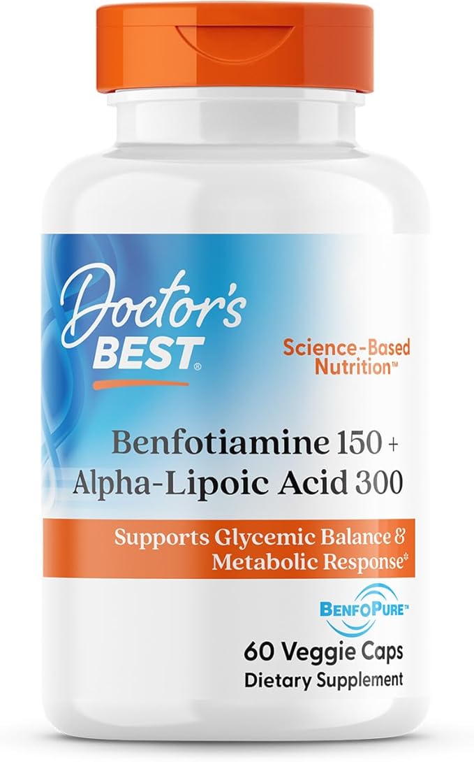 Doctor's Best Benfotiamine + Alpha Lipoic Acid (ALA) Nutritional Supplement - Support for Glycemic Balance & Metabolic Response, Benfotiamine 150 mg & Alpha-Lipoic Acid 300 mg Capsules - 60 Veg Caps