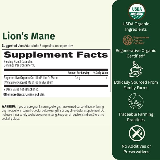 Lion’s Mane – Regenerative Organic Certified Mushroom Capsules for Focus, Memory & Nerve Support – Cognitive Clarity and Natural Energy – 90 Vegan Tablets