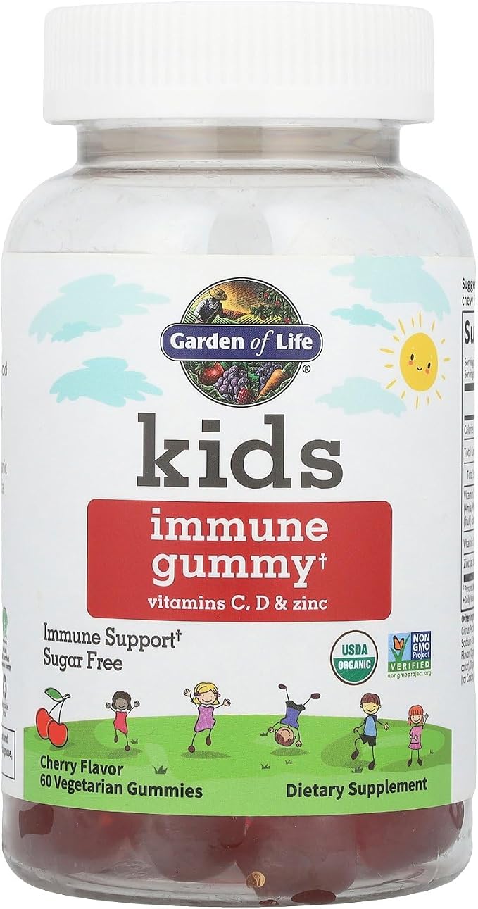 Garden of Life Kids Immune Support Gummies with Vitamin C, D as D3 & Zinc for 3-in-1 Daily Children’s Immunity – Organic, Non-GMO, Gluten-Free, Vegetarian, Sugar Free, Cherry Flavor, 30 Day Supply