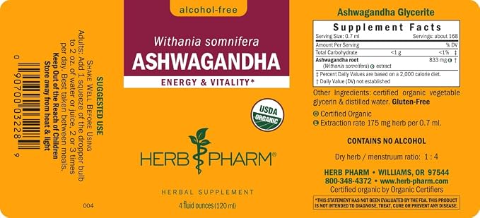 Herb Pharm Ashwagandha, Alcohol Free: Organic Liquid Extract | Traditional Stress Support Supplement, Vegan Ashwagandha Root Glycerite, Adaptogen Extract for Adults | Up to 12 Week Supply, 4 oz* 