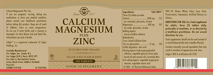Solgar Calcium Magnesium Plus Zinc, 250 Tablets - Promotes Healthy Bones and Teeth - Supports Nerve & Muscle Function - Non GMO, Vegan, Gluten Free, Dairy Free, Kosher, Halal - 83 Servings