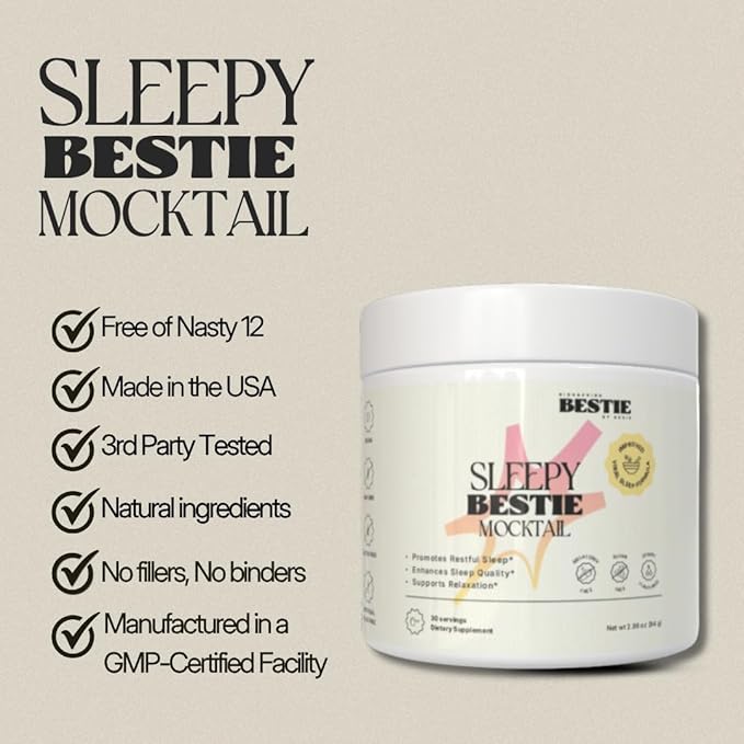 Sleepy Bestie Mocktail for Women & Men - Magnesium Citrate & Glycinate Powder for Sleep, Calm Support Supplement with L-Theanine & Tart Cherry Extract, Gluten Free - 2.96 oz