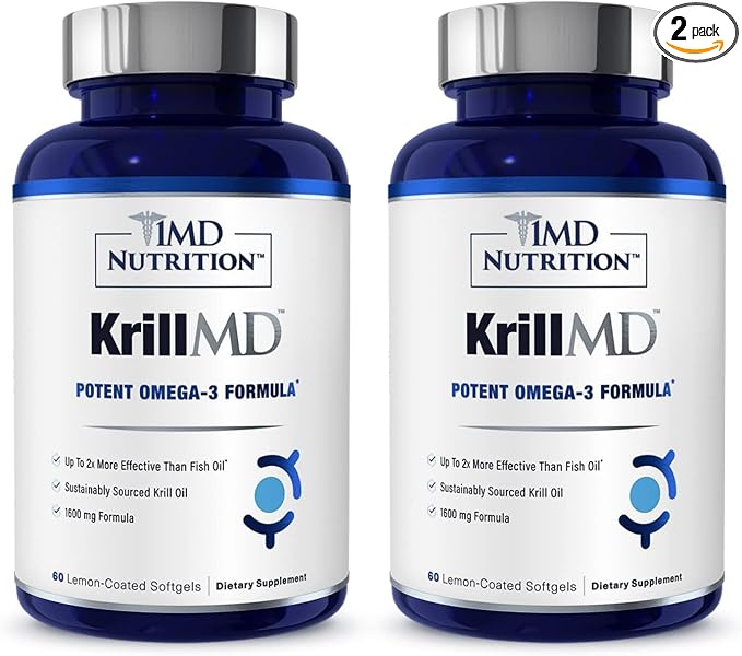1MD Nutrition KrillMD - Antarctic Krill Oil Omega 3 Supplement with Astaxanthin, EPA, DHA | 2X More Effective Than Fish Oil | 60 Softgels (2-Pack)