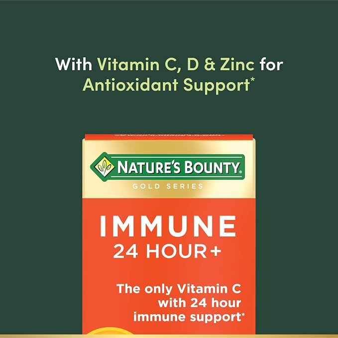 Nature's Bounty Immune 24 Hour +, The only Vitamin C with 24 Hour Immune Support from Ester-C, 1000 mg Vitamin C, D & Zinc, Gluten Free, Rapid Release Softgels, 2 Softgels per Day, 50 Count