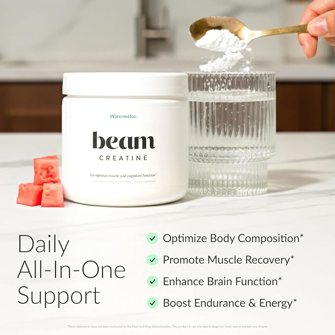 BEAM Creatine Monohydrate Powder – 5g Micronized Creatine Monohydrate, Flavored Creatine for Women & Men, Muscle Strength, Growth & Cognitive Support, Watermelon Flavor, 30 Servings